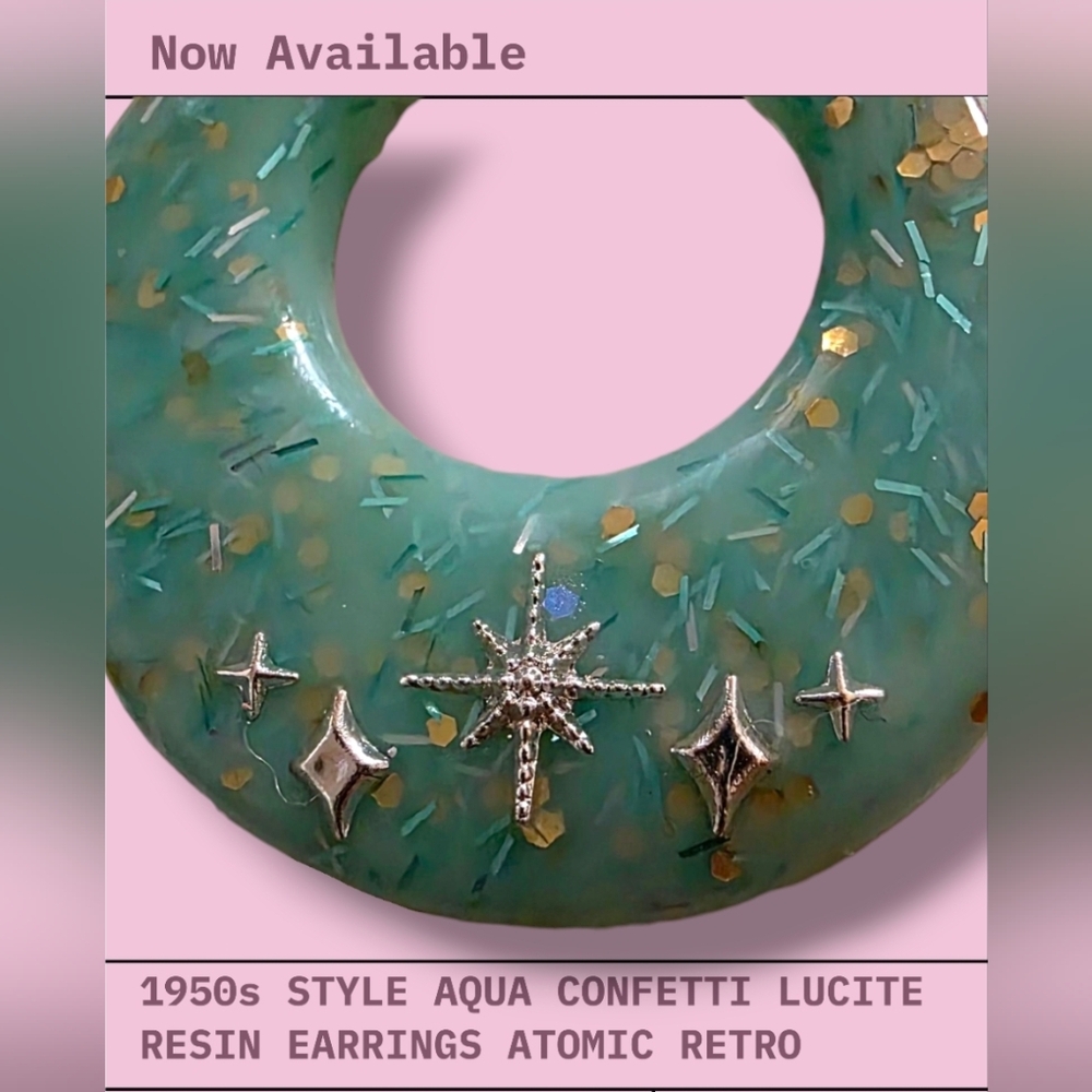 Vintage Style Aqua Confetti Lucite Resin Earrings 1950s Retro Atomic Starburst - Picture 2 of 2
